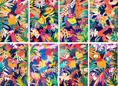 Colorful Jungle with tropical leaves, animals, birds and exotic flowers. Vector illustration.のイラスト素材