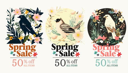 Spring sale illustration set with tropical flowers and birds. Vector illustration.のイラスト素材