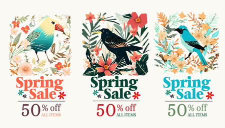 Spring sale illustration set with tropical flowers and birds. Vector illustration.のイラスト素材
