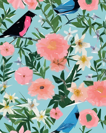 Floral background with flowers, birds and leaves. Vector illustration.のイラスト素材