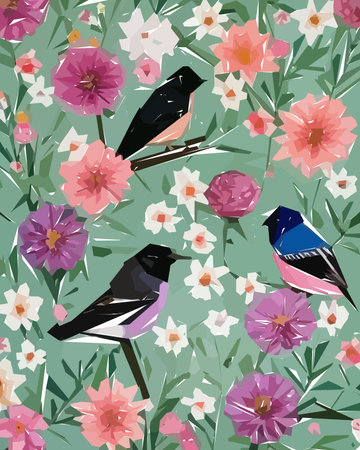 Floral background with flowers, birds and leaves. Vector illustration.のイラスト素材