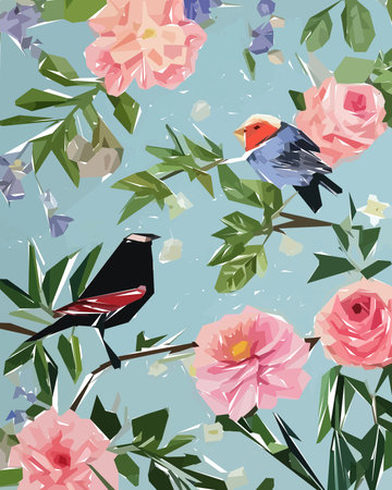Floral background with flowers, birds and leaves. Vector illustration.のイラスト素材