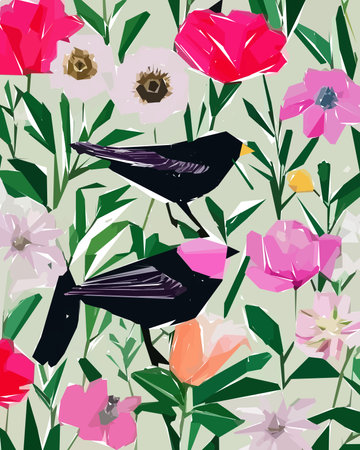 Floral background with flowers, birds and leaves. Vector illustration.のイラスト素材