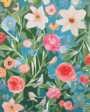 Floral background with flowers, birds and leaves. Vector illustration.のイラスト素材