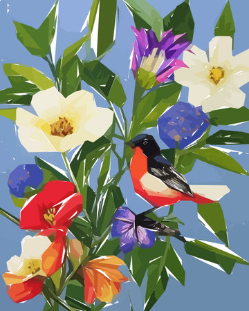 Floral background with flowers, birds and leaves. Vector illustration.のイラスト素材