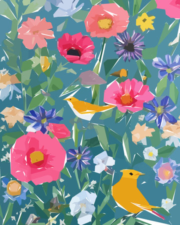 Floral background with flowers, birds and leaves. Vector illustration.のイラスト素材