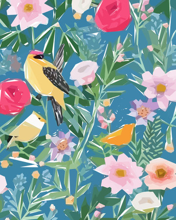 Floral background with flowers, birds and leaves. Vector illustration.のイラスト素材