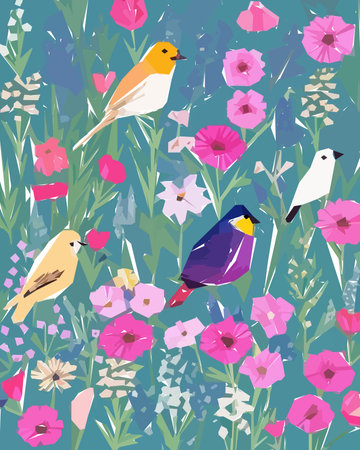 Floral background with flowers, birds and leaves. Vector illustration.のイラスト素材
