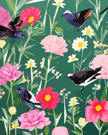 Floral background with flowers, birds and leaves. Vector illustration.のイラスト素材