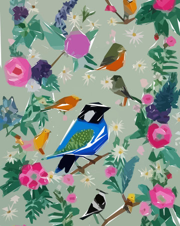Floral background with flowers, birds and leaves. Vector illustration.のイラスト素材