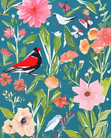 Floral background with flowers, birds and leaves. Vector illustration.のイラスト素材