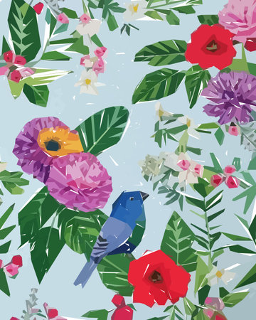 Floral background with flowers, birds and leaves. Vector illustration.のイラスト素材