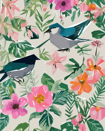Floral background with flowers, birds and leaves. Vector illustration.のイラスト素材
