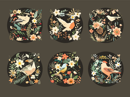 Spring Birds and Flowers ornaments illustrationのイラスト素材