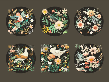 Spring Birds and Flowers ornaments illustrationのイラスト素材