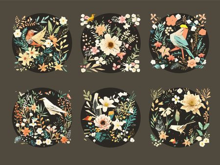 Spring Birds and Flowers ornaments illustrationのイラスト素材