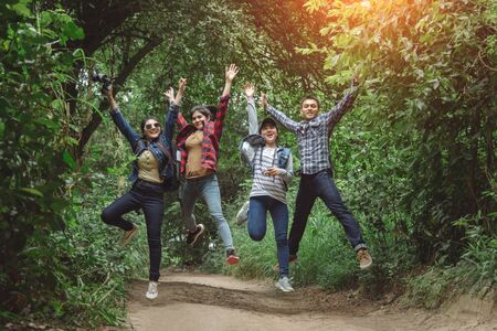Coworkers Stacking Fists While Standing In Forest On Sunny Dayの写真素材