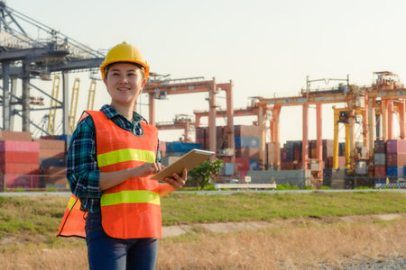 Young Caucasian man and woman worker Check and control loading freight Containers by use radio...