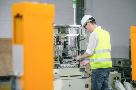 Engineer Worker quality control, maintenance, holding laptop Factory Warehouse Locations plant...