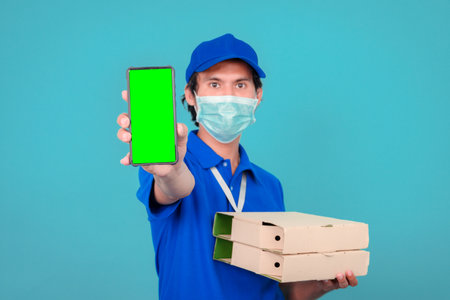 Repair advertisement concept. Courier service delivery. Salesman and courier courier. Courier and delivery service. Postman delivery worker. Happy man show blank blackboard on white backgroundの写真素材