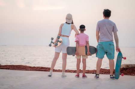Family portrait, beach vacation, parents and children resting from skating, surfing, standing...