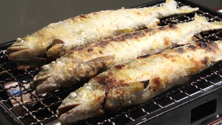 Grilled mackerel on the grill with lemon and parsleyの写真素材