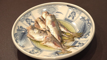 Fried sardines in a porcelain plate on the tableの写真素材