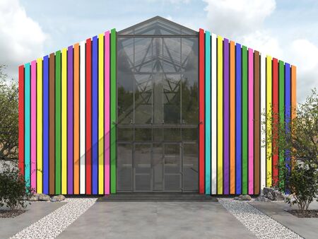 A bright commercial public building or pavilion with a pitched roof. Modern creative colorful facade with a glass entrance group and multi-colored wooden battens walls. Copy space. 3D rendering.の写真素材