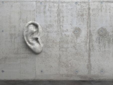 Cement sculpture in the shape of a human ear on a concrete wall. Illustration of the metaphor "Even walls have ears." Creative conceptual modern art with copy space. 3D renderingの写真素材