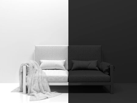 Black and white room interior with a black and white sofa. Creative monochrome conceptual illustration Divided in half into two parts in the middle. 3D renderingの写真素材