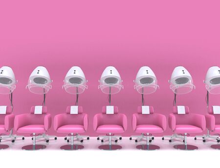 Similar stand hair dryers with armchairs in the interior of a beauty salon in pastel pink colors. Female hairdresser interior design. 3D rendering illustration with copy spaceの写真素材