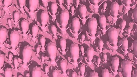 Herd of pink elephants on a pink background. Top view. Creative conceptual monochrome illustration. 3D rendering.の写真素材