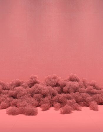 Creative composition in monochrome pink color from a pile of skeins of wire on a background of an empty wall. Installation of contemporary art in a minimalist design with copy space. 3D renderingの写真素材