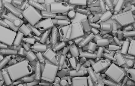 Rubbish dump of used containers and plastic bottles painted in gray on a gray background. Creative...