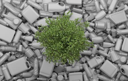 Single tree grows on rubbish dump of used containers and plastic bottles. Creative conceptual composition of Soil contamination and environmental pollution. 3D renderingの写真素材
