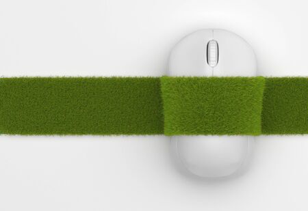 White wireless computer mouse on a white background covered with a strip of green grass. Top view. Creative ecological concept illustration with copy space. 3D renderingの写真素材