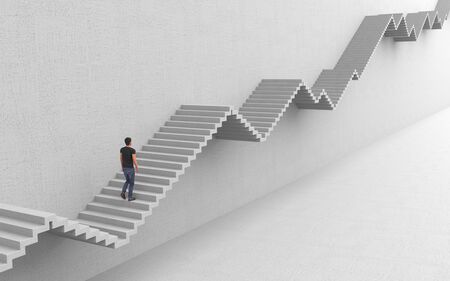 An ambitious man is walking up the stairs to his purpose rising up and down. Hard way to success on a career ladder. Conceptual creative illustration with copy space. 3D rendering.の写真素材