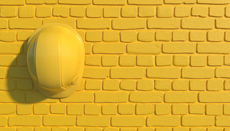 Yellow construction helmet on a background of a yellow brick wall. Monochrome illustration with copy...