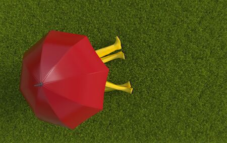 Loving couple or two friends in yellow rubber boots are sitting on the green lawn covered with grass under a red umbrella in rainy weather. Top view. Illustration with copy space. 3D rendering.の写真素材