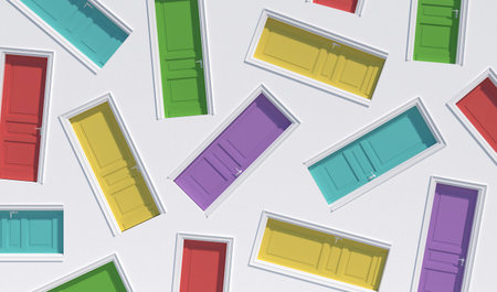 Many doors of different colors are randomly scattered on a white wall. Creative concept in the style of surrealism. Modern Art. 3D rendering illustration.の写真素材