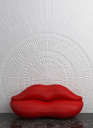 Sofa in the shape of female red lips in the interior of an empty white wall. Creative glamor interior design with copy space. 3D renderingの写真素材