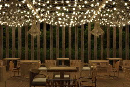 The interior of a summer open air cafe in ethnic retro style with decorations of luminous garlands and wicker furniture at night outdoors. 3D renderingの写真素材