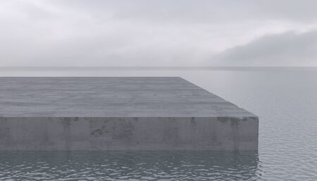 A large concrete block pier lies on the surface of the sea or ocean in cloudy weather. Empty area, platform or podium on the calm water. Conceptual illustration with copy space. 3D renderingの写真素材