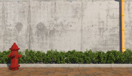 Red fire hydrant on the footpath in the urban exterior close-up. Concrete Wall with Yellow Drainpipe. 3D render.の写真素材