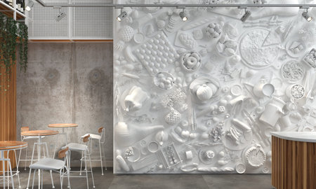 The interior of the restaurant hall or cafe with white monochrome composition of relief figures of...