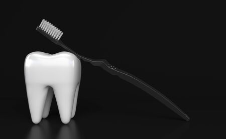 Single white tooth and black toothbrush with white bristles on a black background. Creative conceptual illustration with copy space. 3D renderingの写真素材