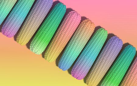 Corn cobs in vibrant bold gradient holographic neon colors. Creative composition. Concept art. 3D rendering.の写真素材