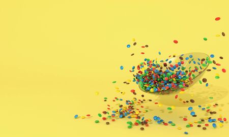 Glass plate with a lot of small colorful round candies. Pile of sweets scattered on a yellow background with free space for insert text. 3D rendering.の写真素材