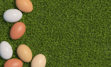 Multi colored chicken eggs are scattered on the background of green grass. Copy space. Top view. 3D...