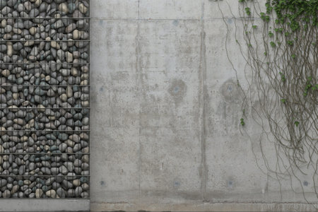 Background with gray concrete wall and gabion wall with stones in a metal grid frame. Front view...
